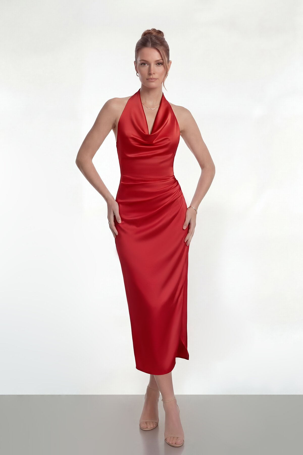 Saten Halter Yaka Drapeli Midi Abiye - 2084