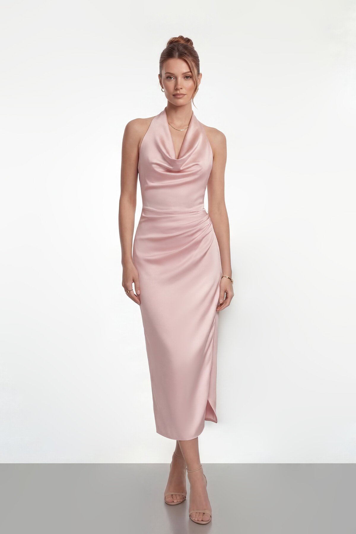 Saten Halter Yaka Drapeli Midi Abiye - 2084