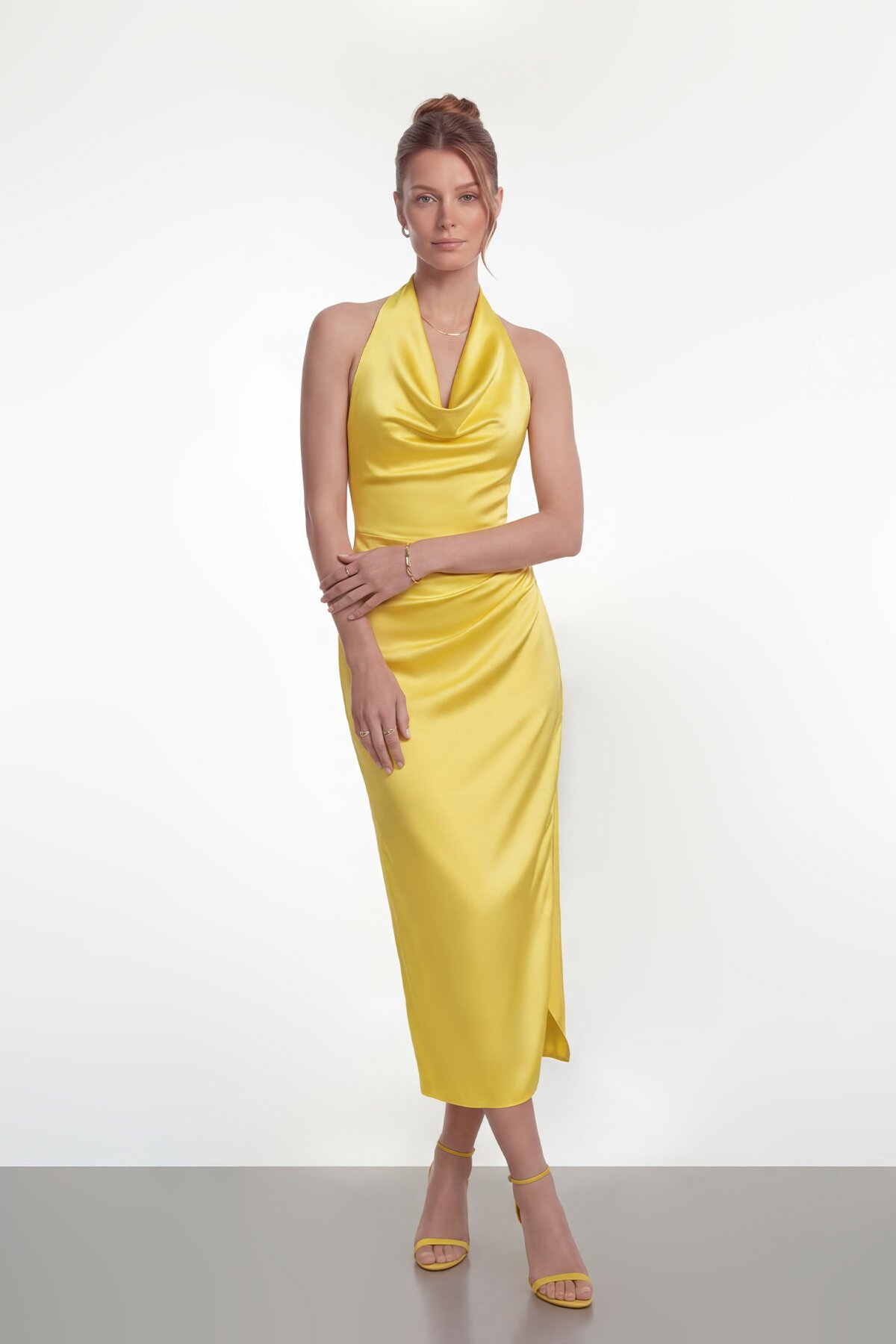 Saten Halter Yaka Drapeli Midi Abiye - 2084