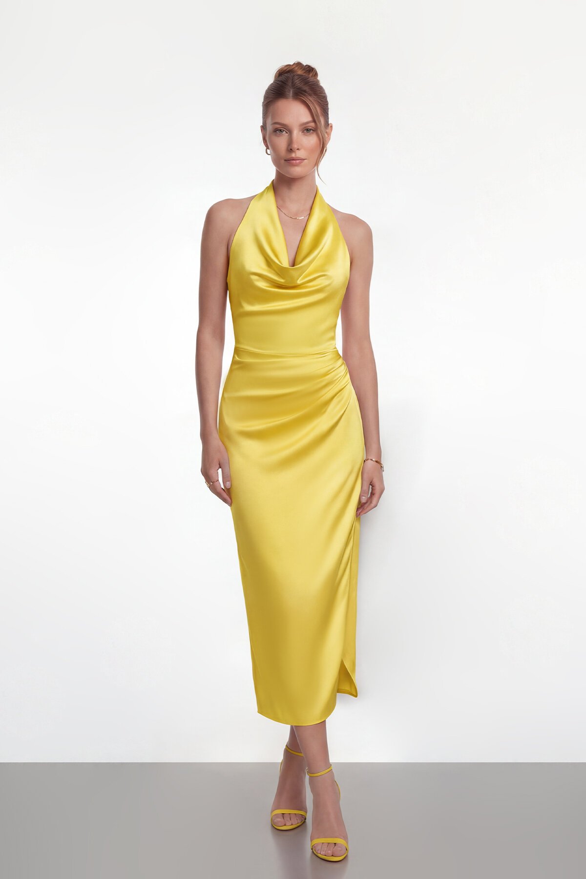 Saten Halter Yaka Drapeli Midi Abiye - 2084