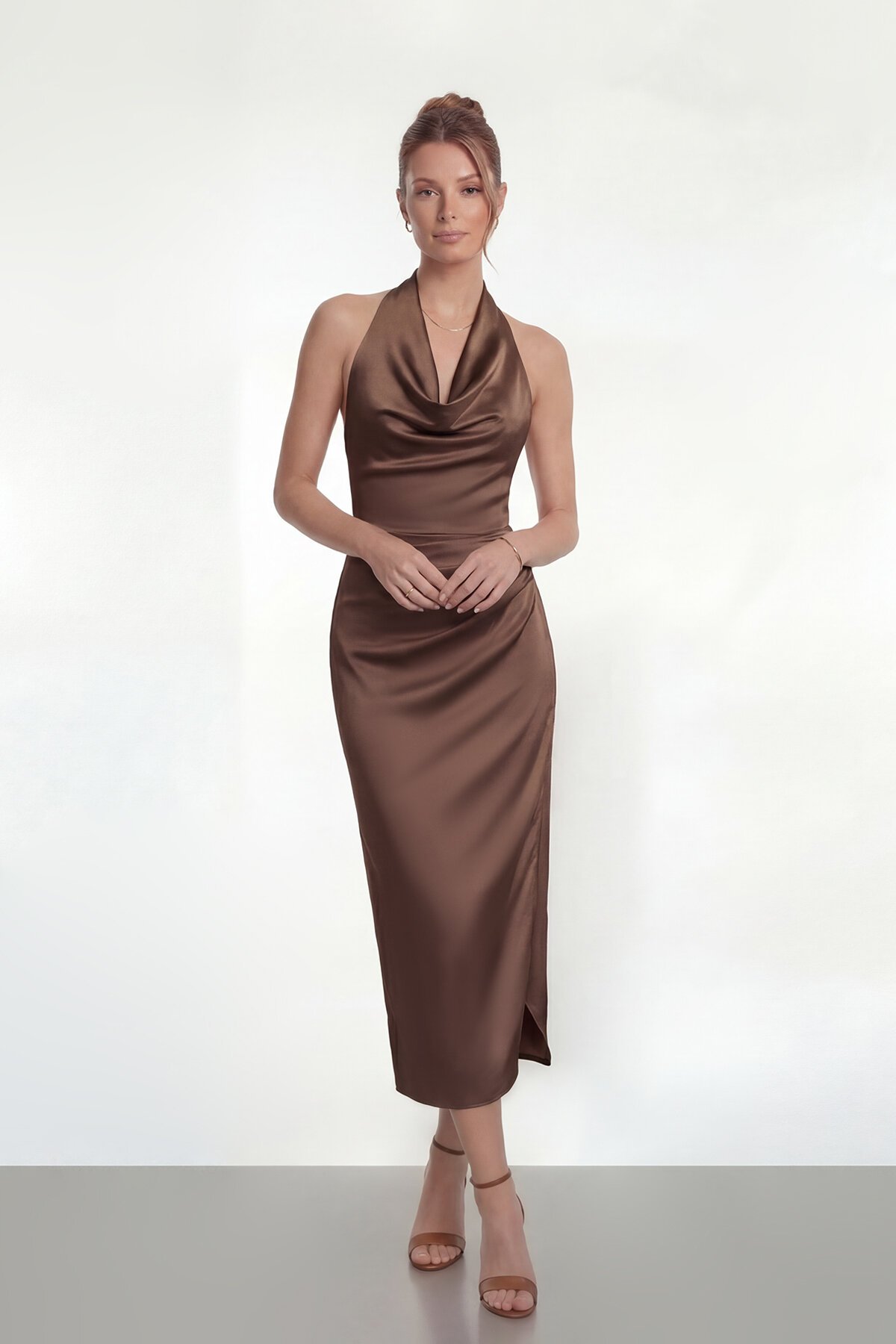 Saten Halter Yaka Drapeli Midi Abiye - 2084