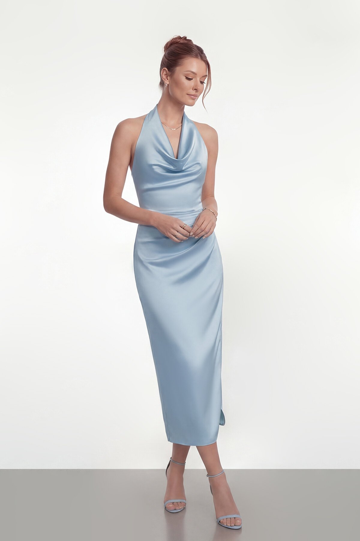 Saten Halter Yaka Drapeli Midi Abiye - 2084