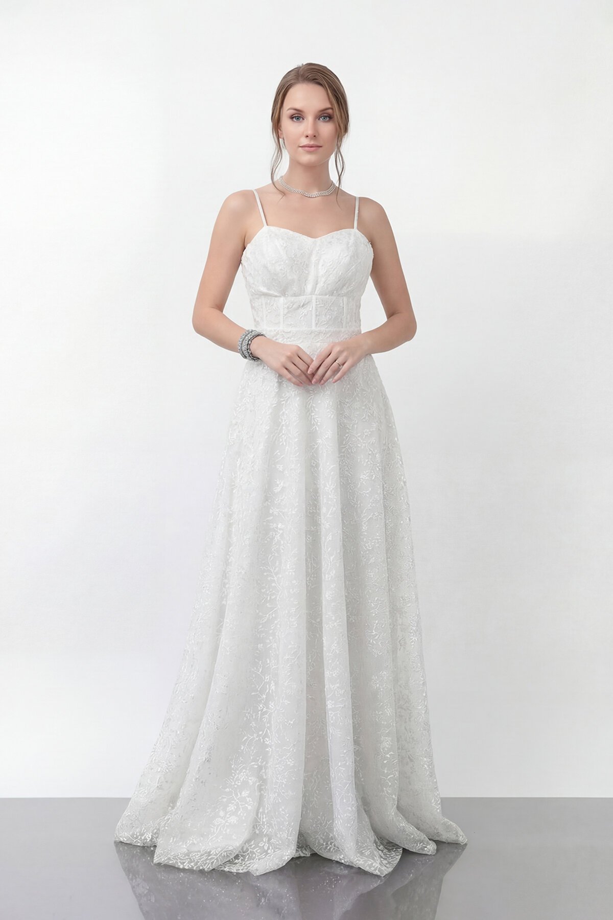 Simli Dantelli İp Askılı Uzun Abiye - 1960