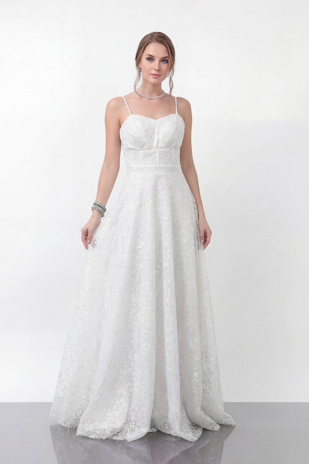 Simli Dantelli İp Askılı Uzun Abiye - 1960