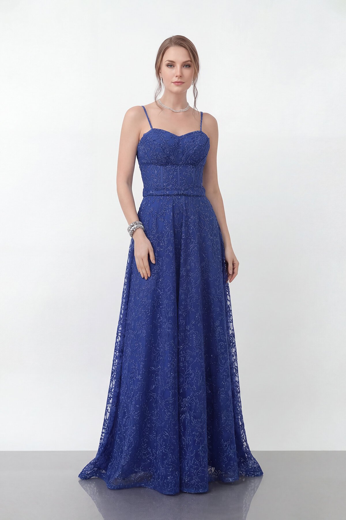 Simli Dantelli İp Askılı Uzun Abiye - 1960