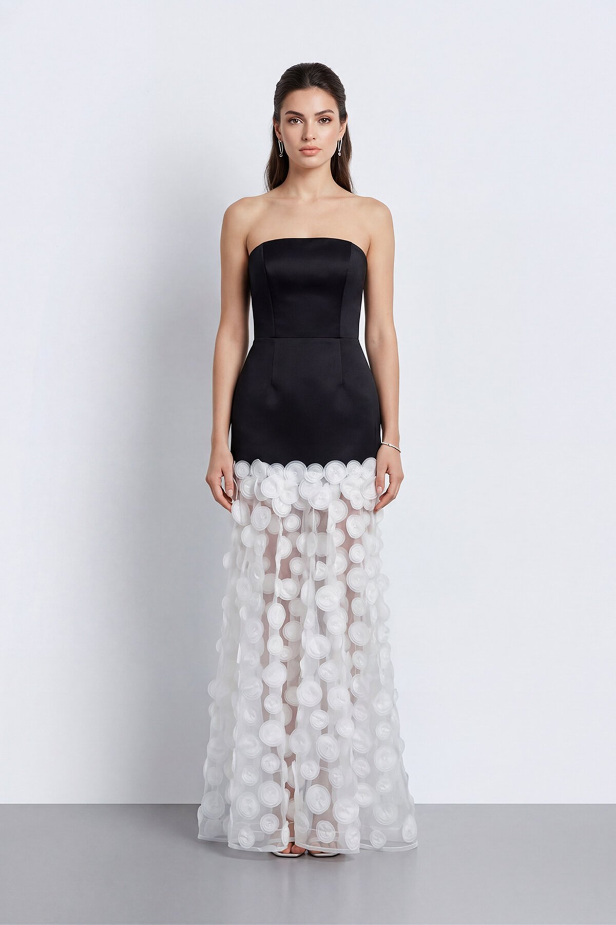 Straplez 3D Aplikeli Transparan Etek Abiye - 2077