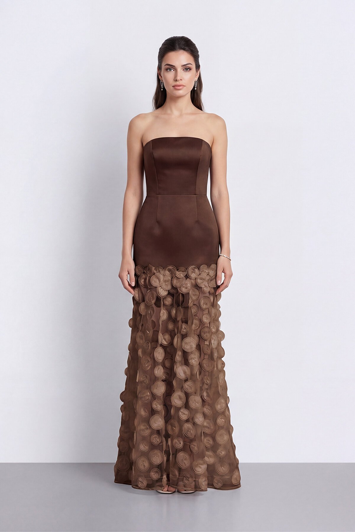 Straplez 3D Aplikeli Transparan Etek Abiye - 2077