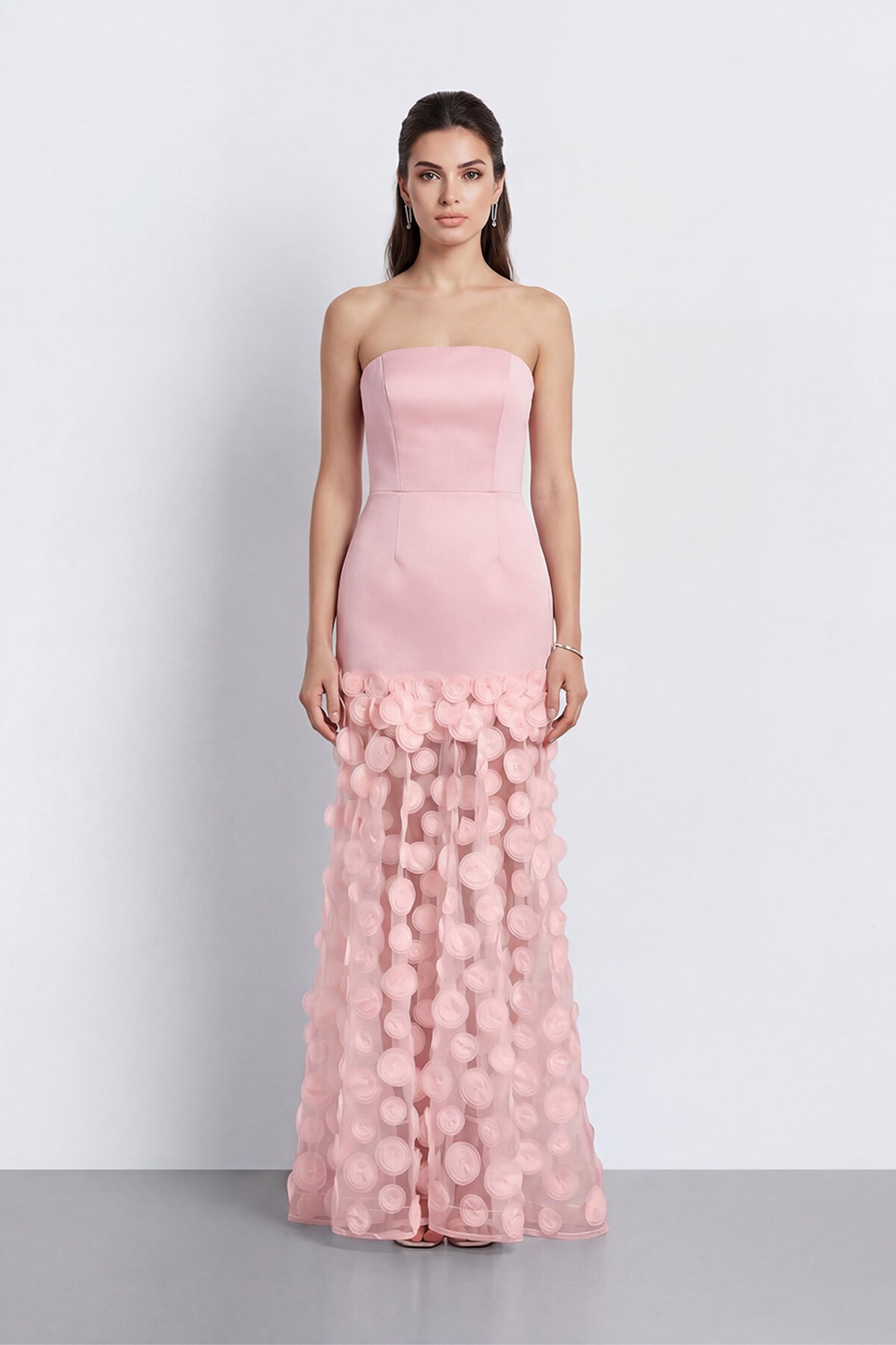 Straplez 3D Aplikeli Transparan Etek Abiye - 2077