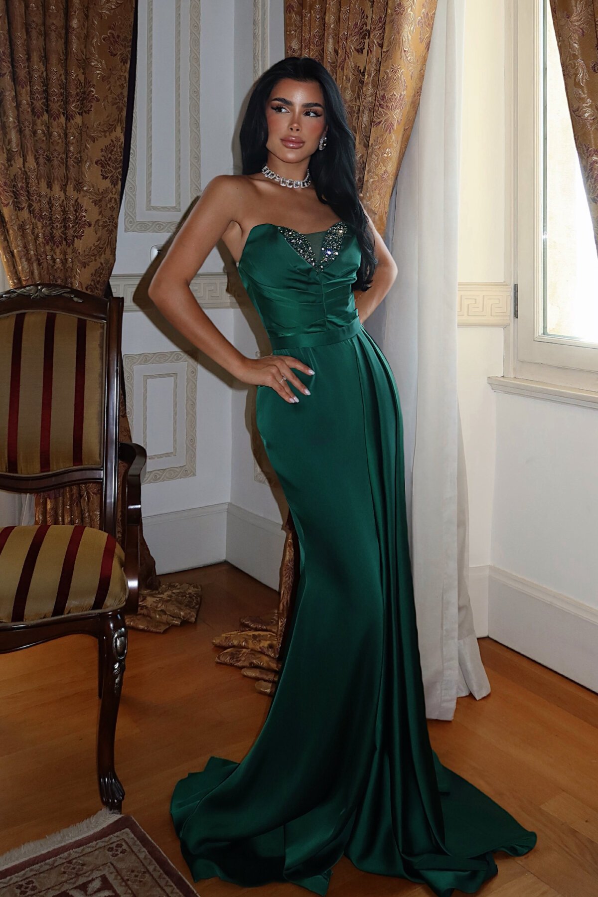 Straplez Taş Detaylı Yırtmaçlı Elbise - 1562