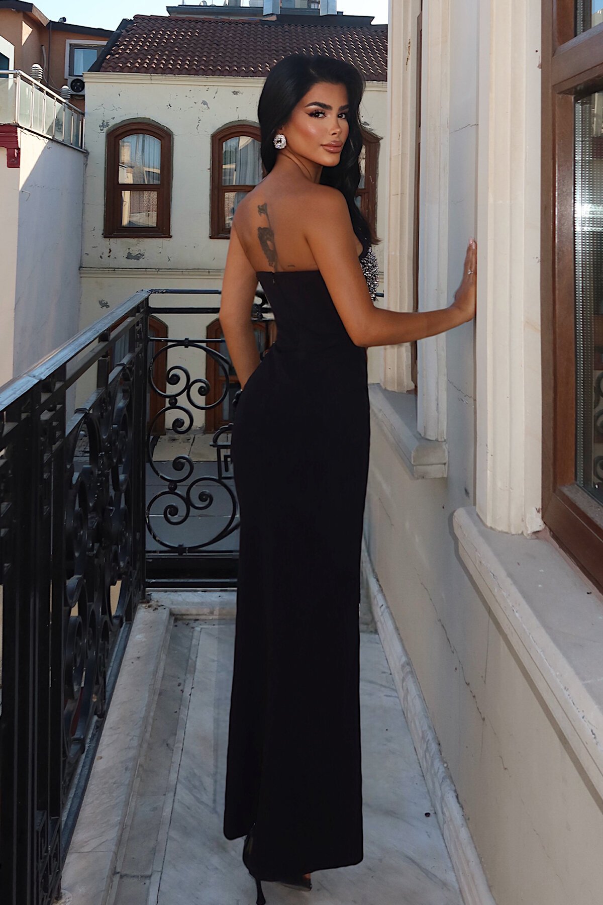 Straplez Taş İşlemeli Midi Elbise - 1850