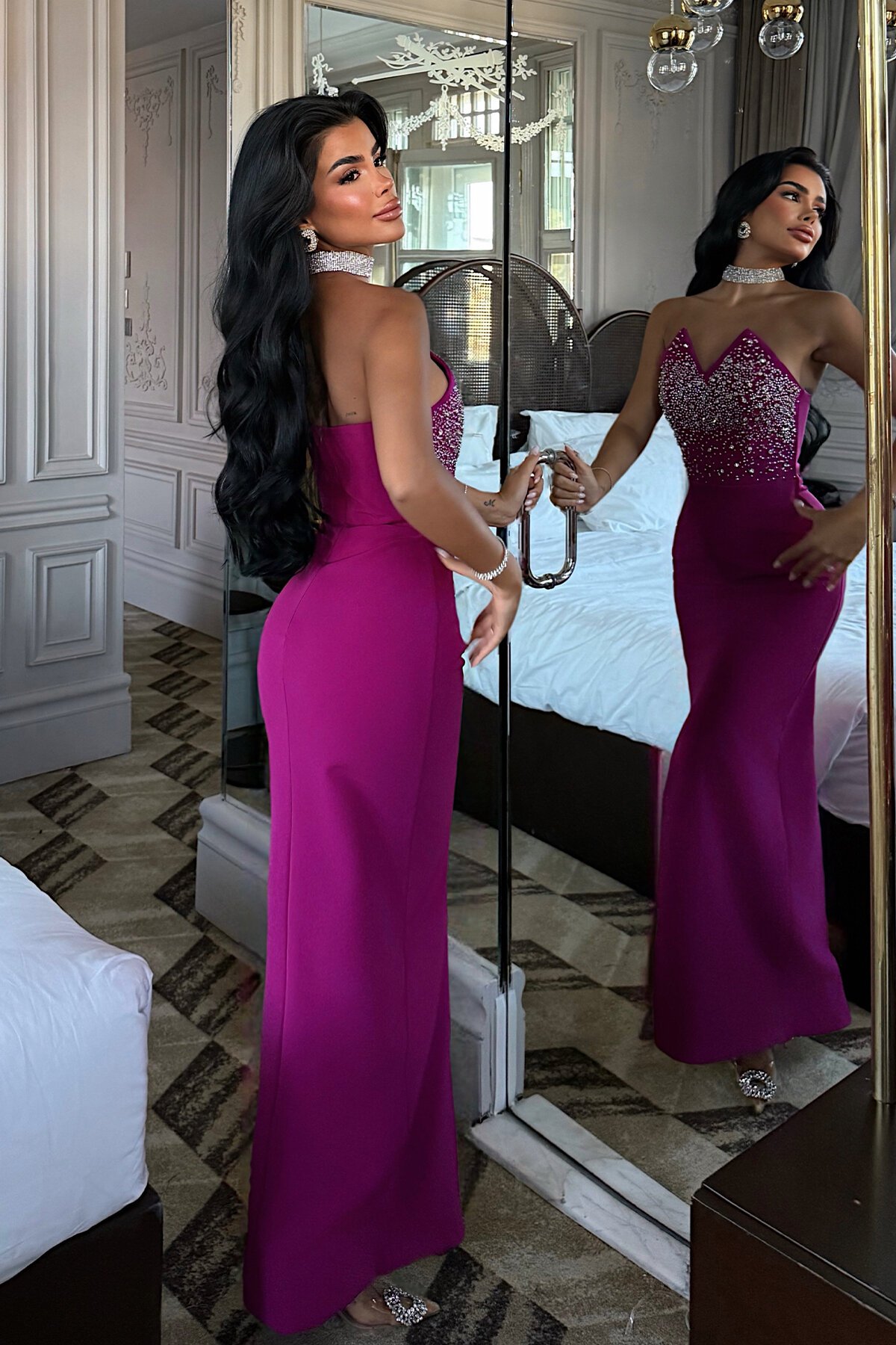 Straplez Taş İşlemeli Midi Elbise - 1850