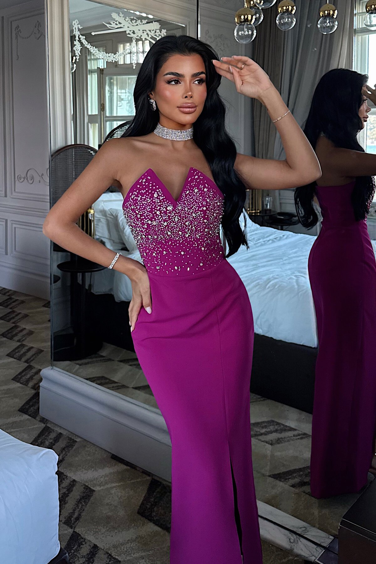 Straplez Taş İşlemeli Midi Elbise - 1850