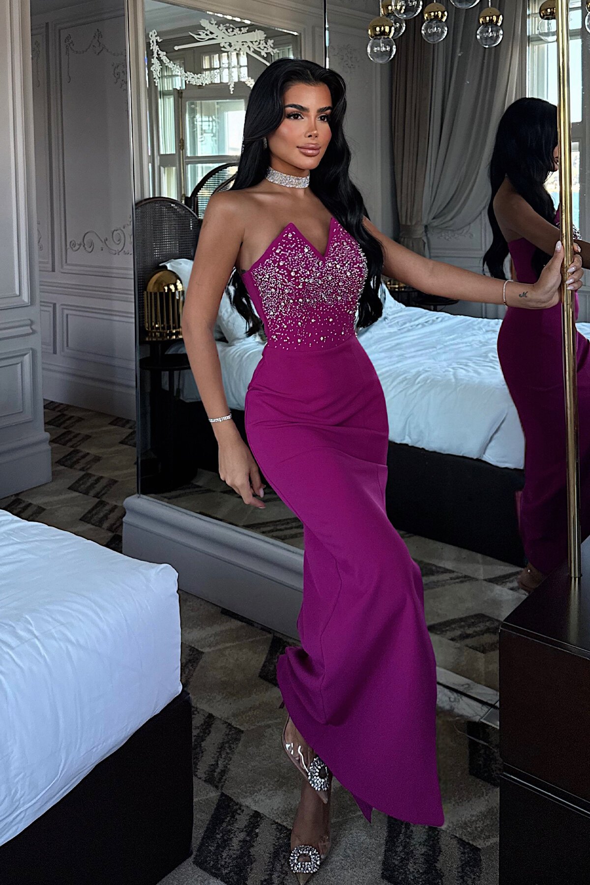 Straplez Taş İşlemeli Midi Elbise - 1850