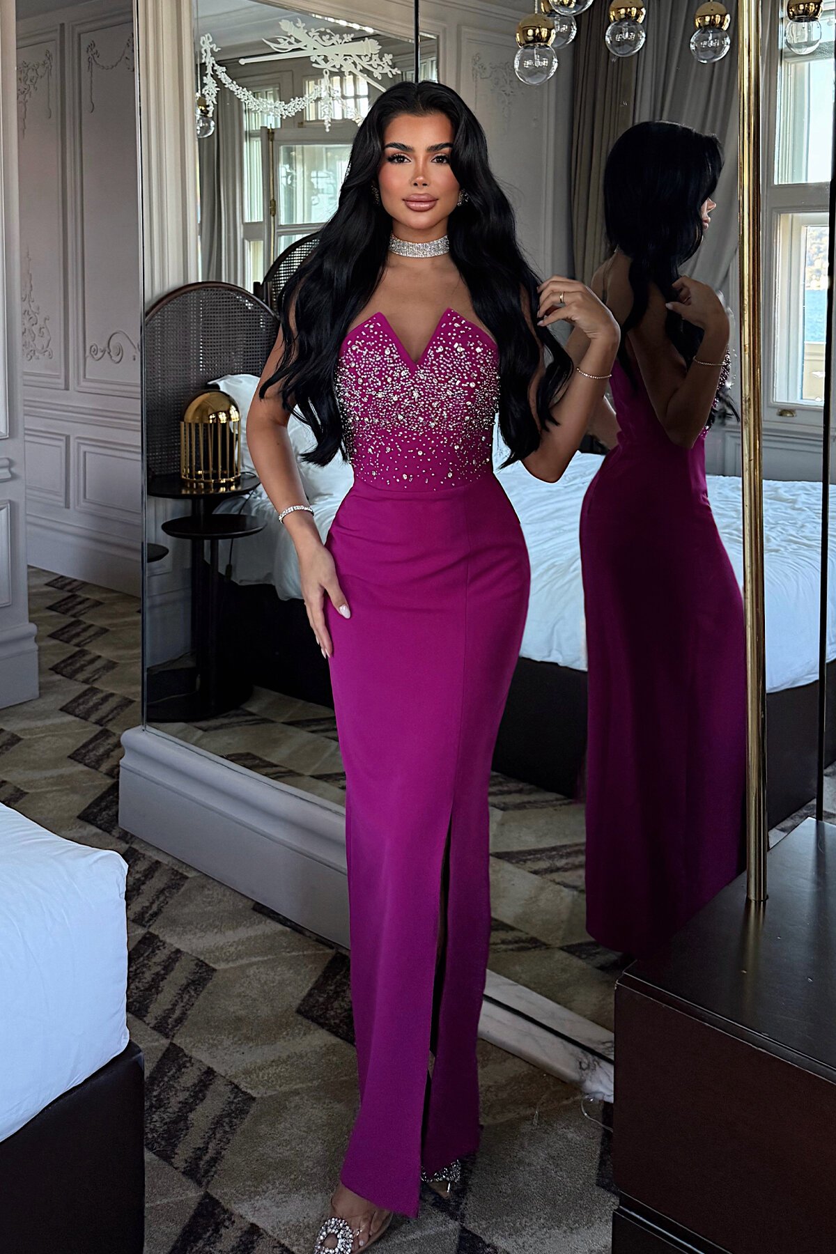 Straplez Taş İşlemeli Midi Elbise - 1850