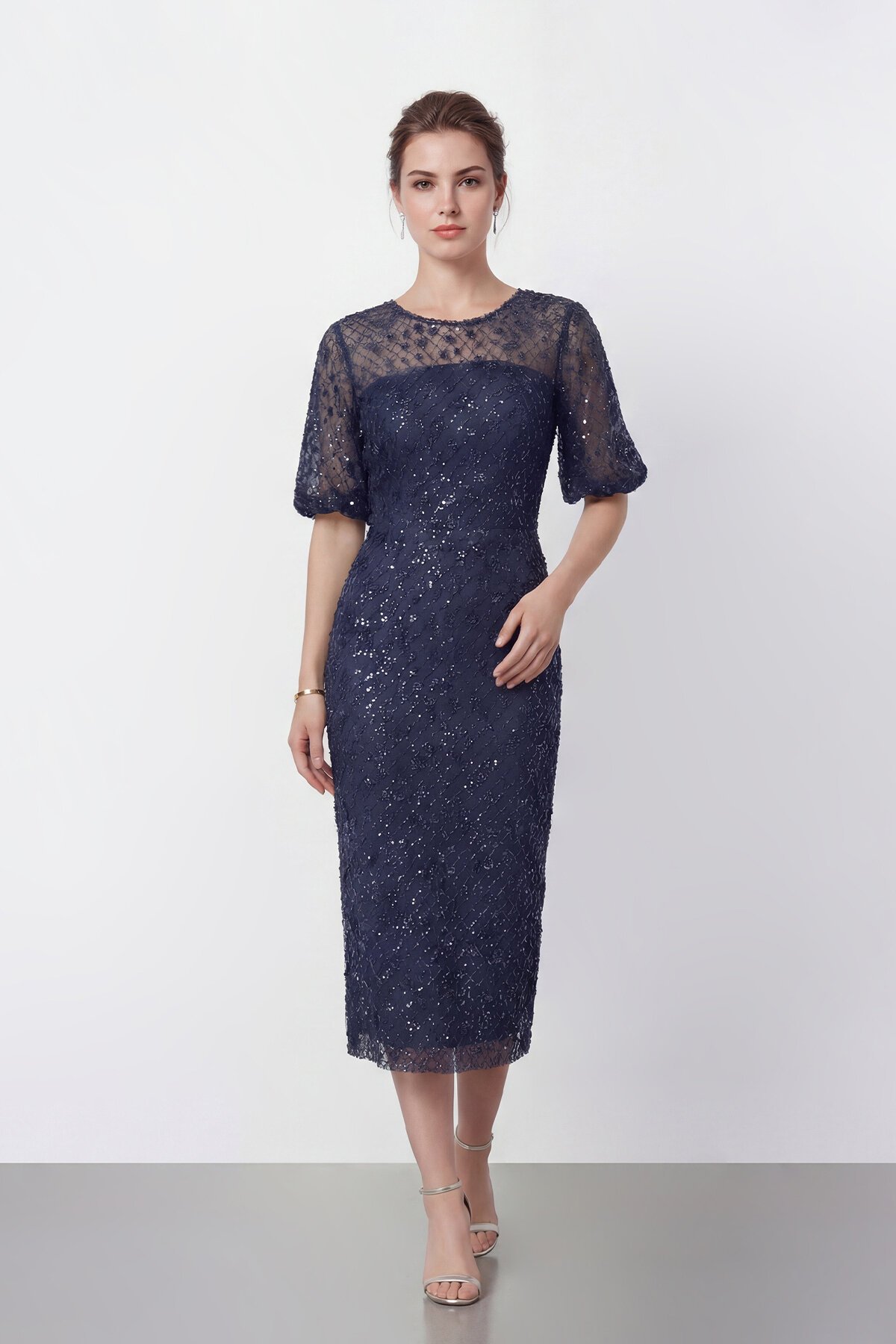 Tamamı İşlemeli Işıltılı Yarım Kol Midi Elbise - 2029