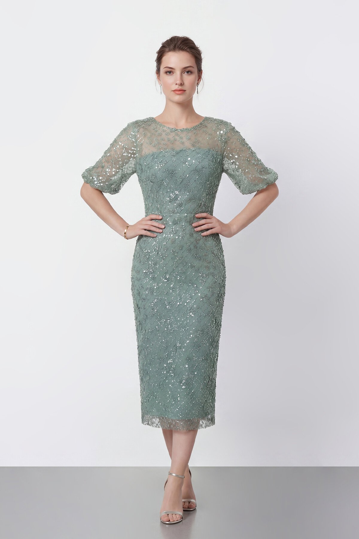 Tamamı İşlemeli Işıltılı Yarım Kol Midi Elbise - 2029