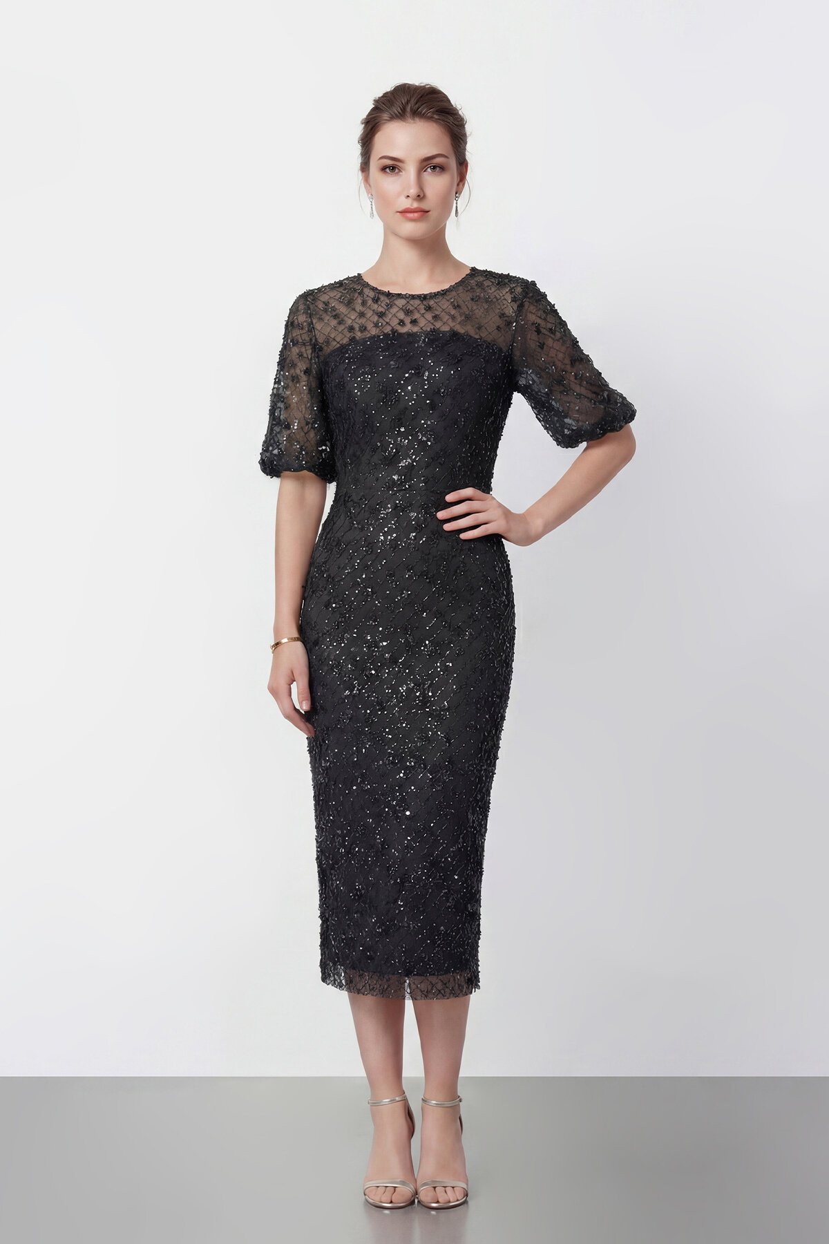 Tamamı İşlemeli Işıltılı Yarım Kol Midi Elbise - 2029