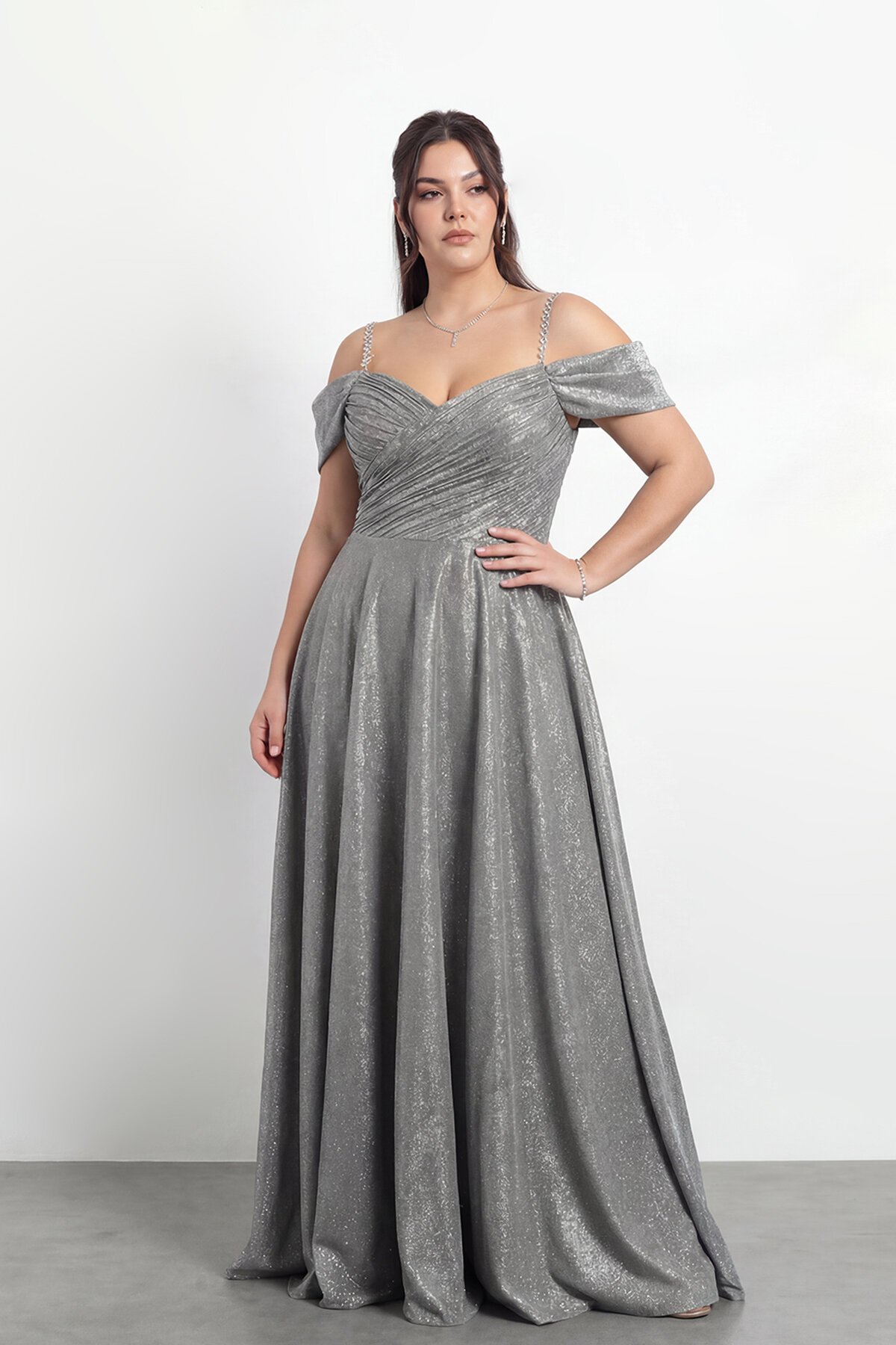 Taş Askılı Çapraz Büzgülü  Elbisesi - 2056