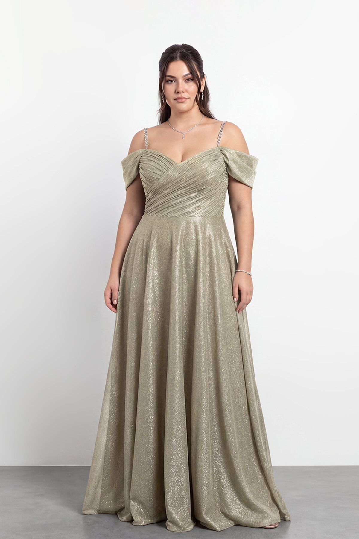 Taş Askılı Çapraz Büzgülü  Elbisesi - 2056