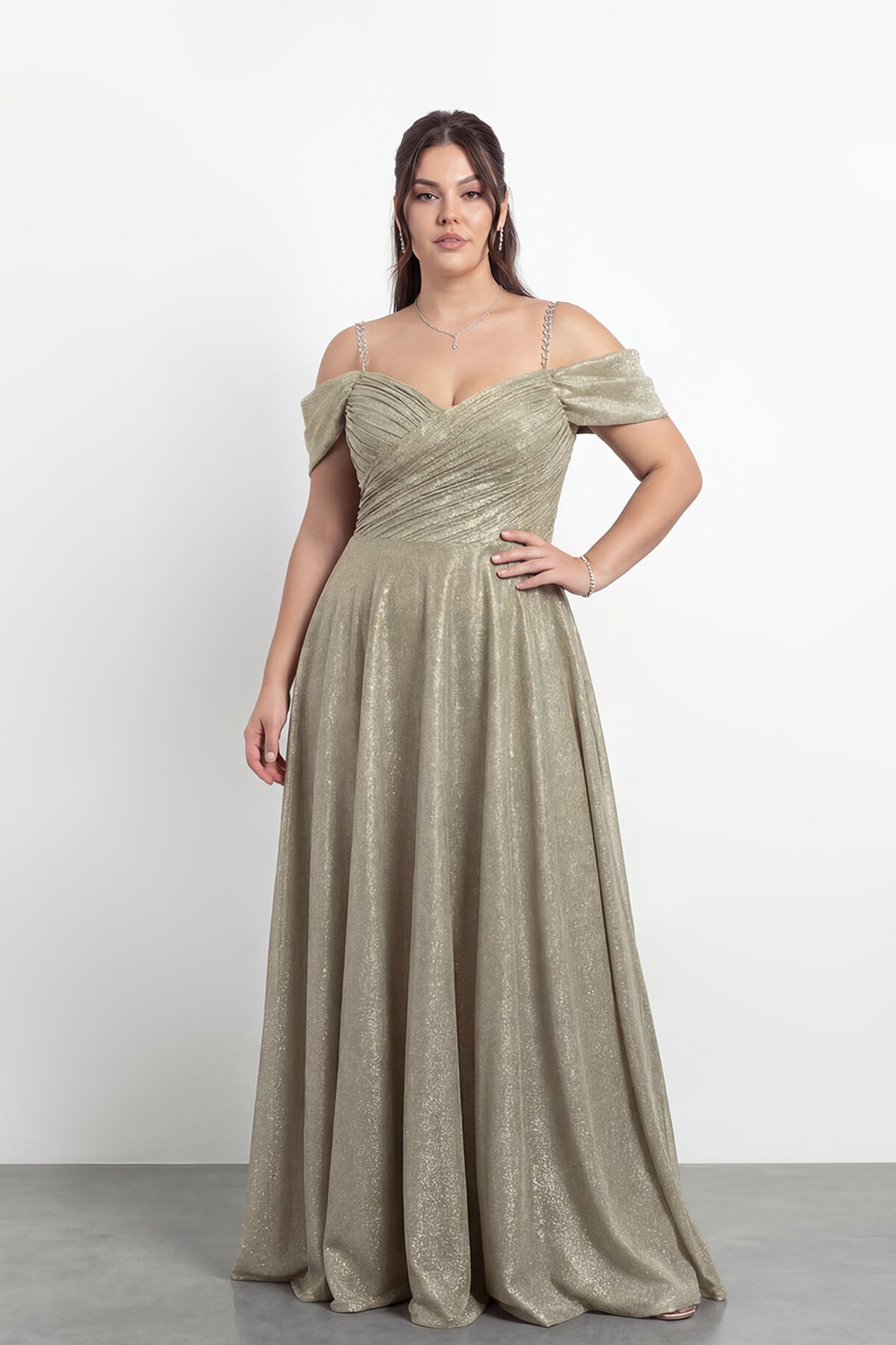 Taş Askılı Çapraz Büzgülü  Elbisesi - 2056