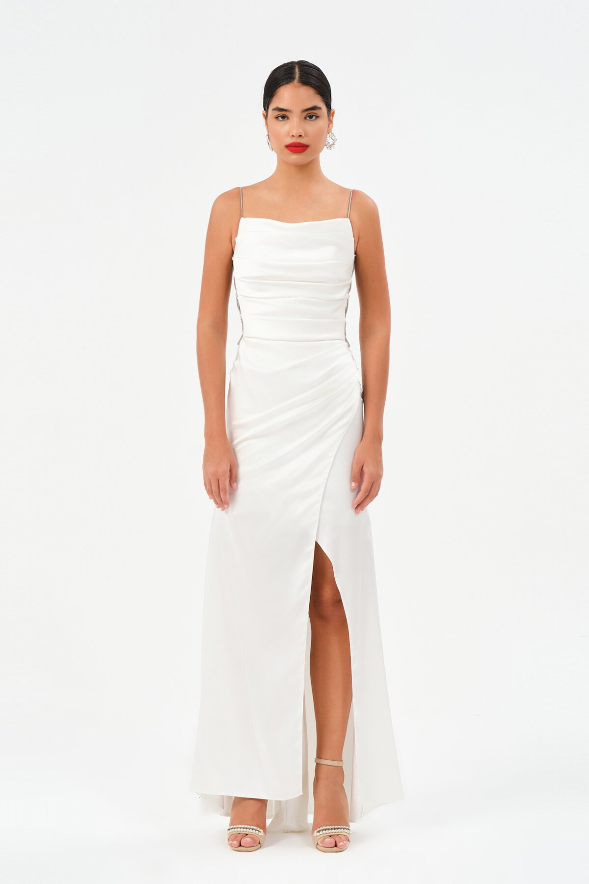 Taş Askılı Drapeli Yırtmaçlı Elbise - 1534