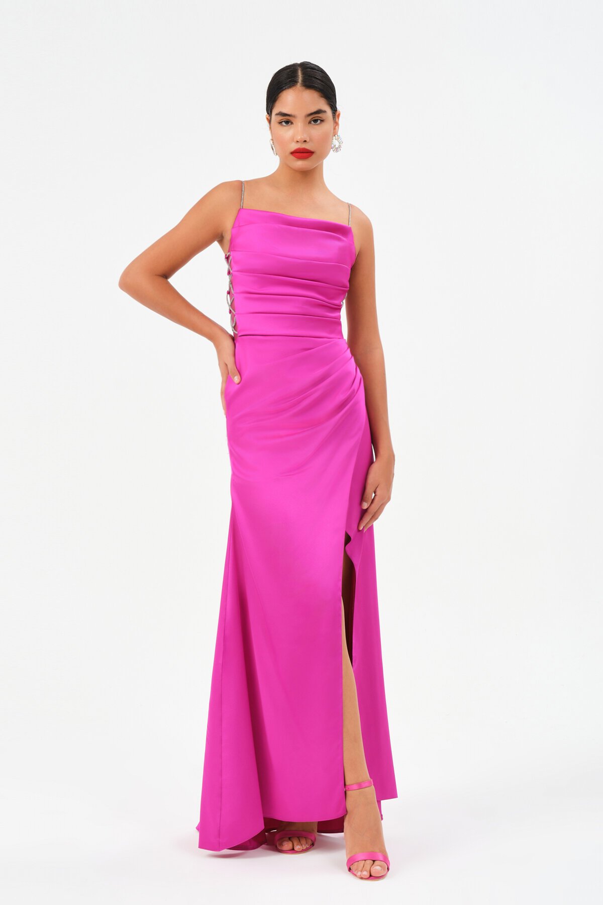 Taş Askılı Drapeli Yırtmaçlı Elbise - 1534