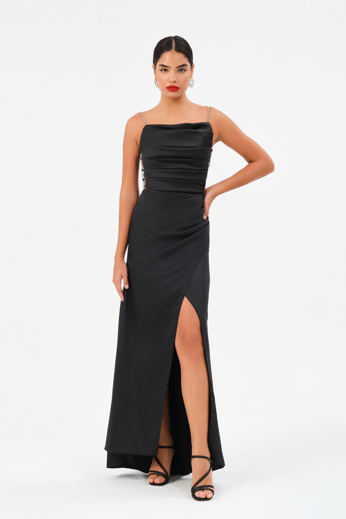 Taş Askılı Drapeli Yırtmaçlı Elbise - 1534