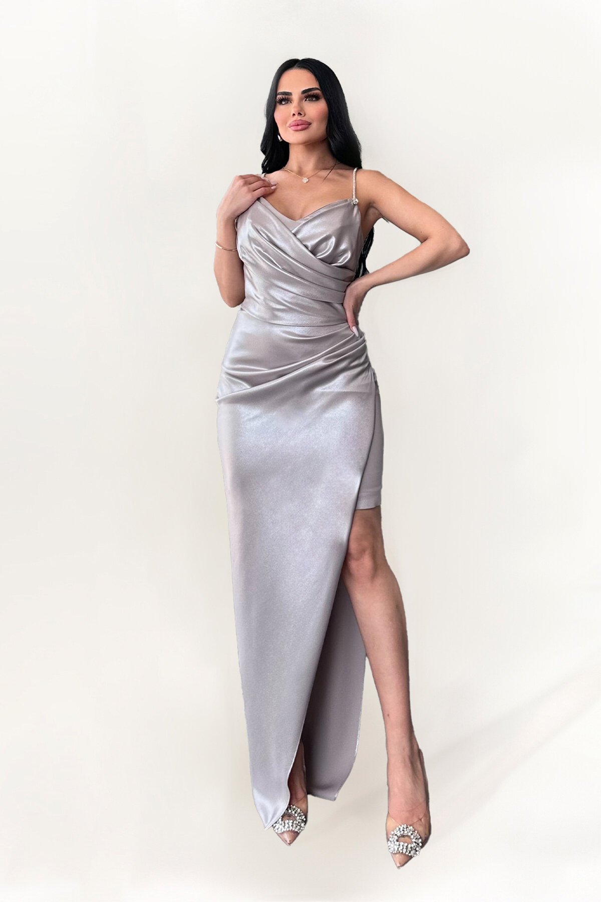 Taş Askılı Yırtmaçlı Elbise - 1583