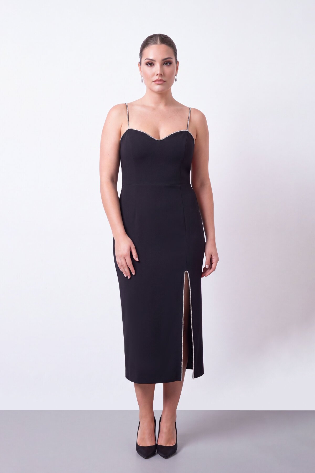Taş Askılı Yırtmaçlı Midi Elbise - 1701
