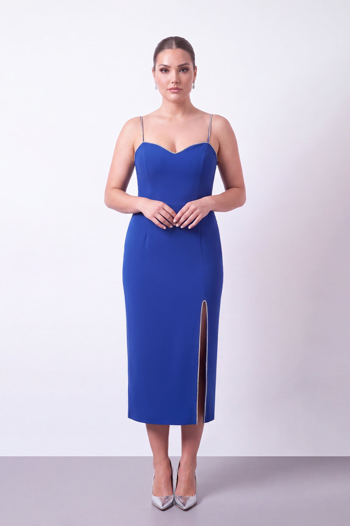 Taş Askılı Yırtmaçlı Midi Elbise - 1701