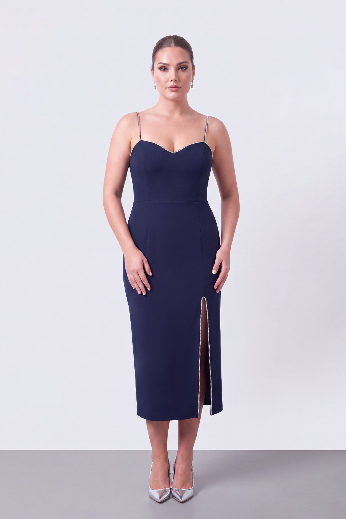 Taş Askılı Yırtmaçlı Midi Elbise - 1701