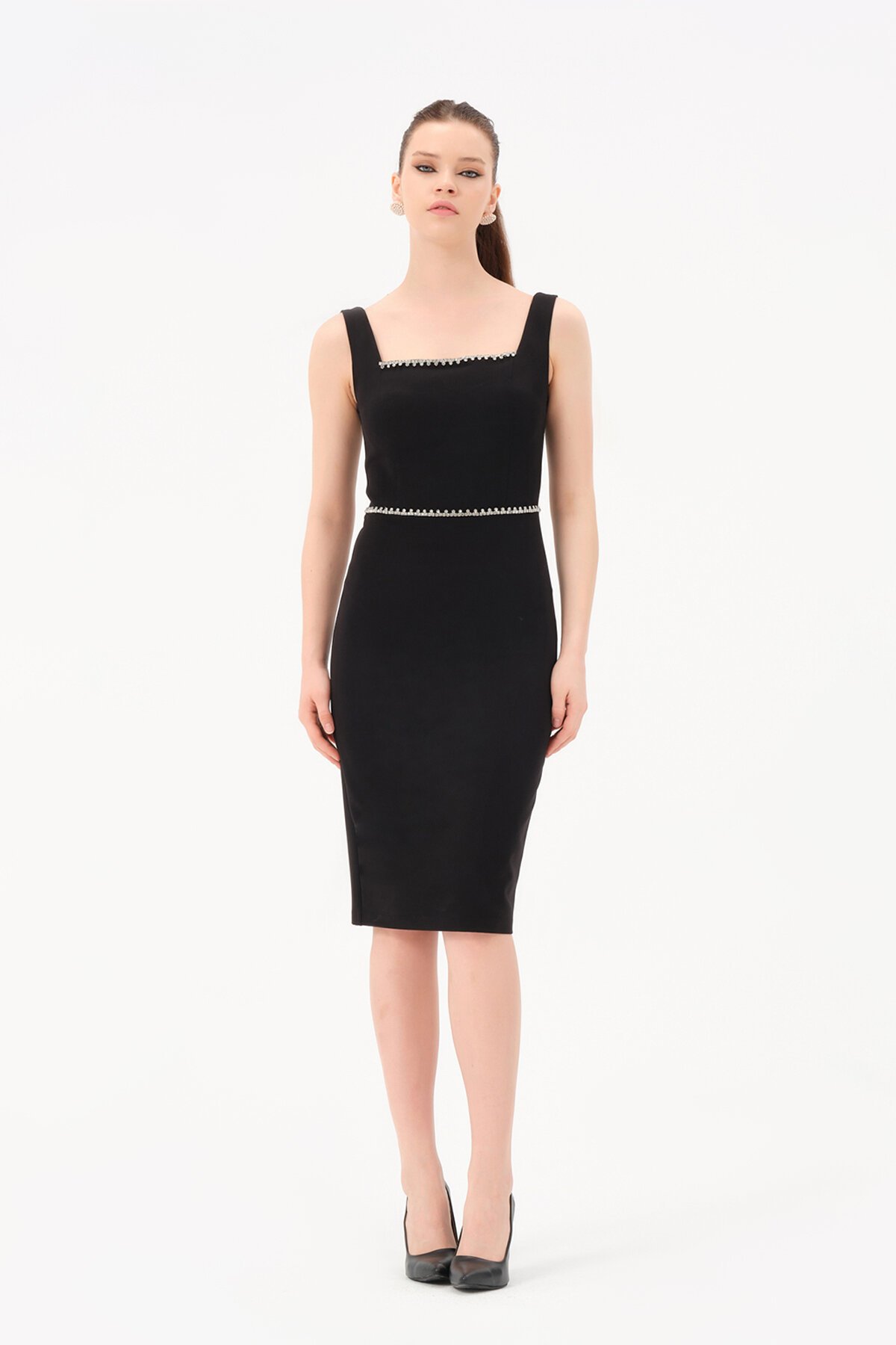 Taş Detaylı Kare Yaka Midi Elbise - 1607