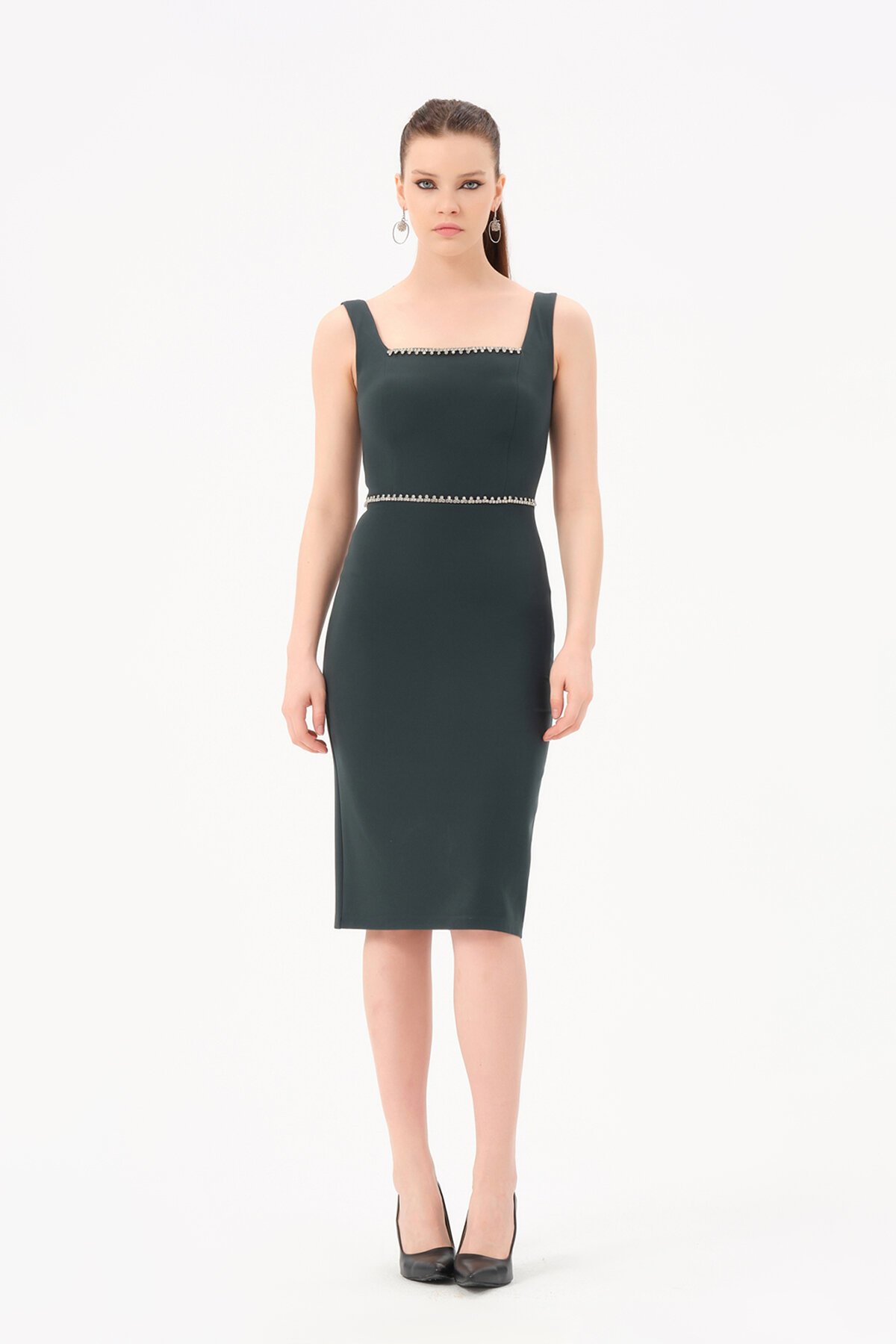 Taş Detaylı Kare Yaka Midi Elbise - 1607