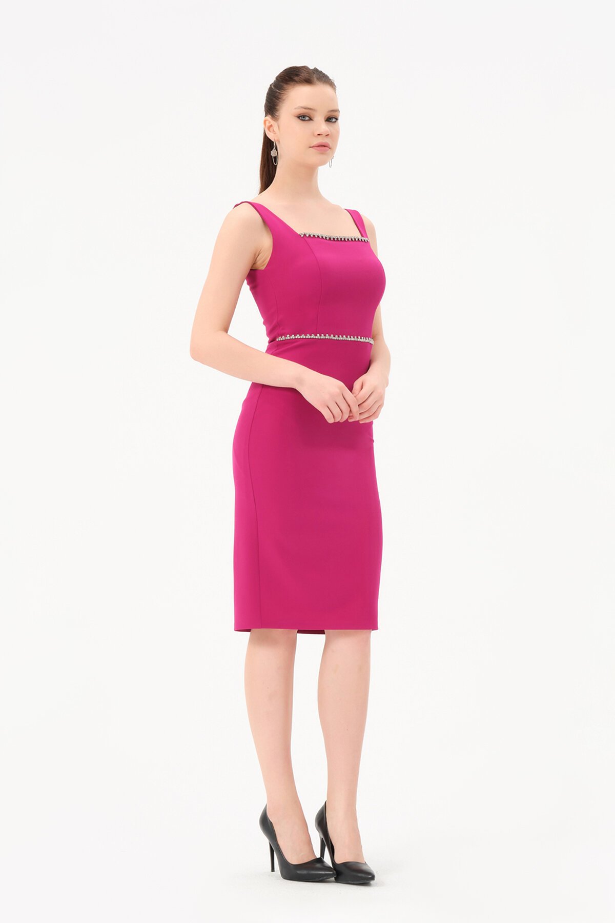 Taş Detaylı Kare Yaka Midi Elbise - 1607