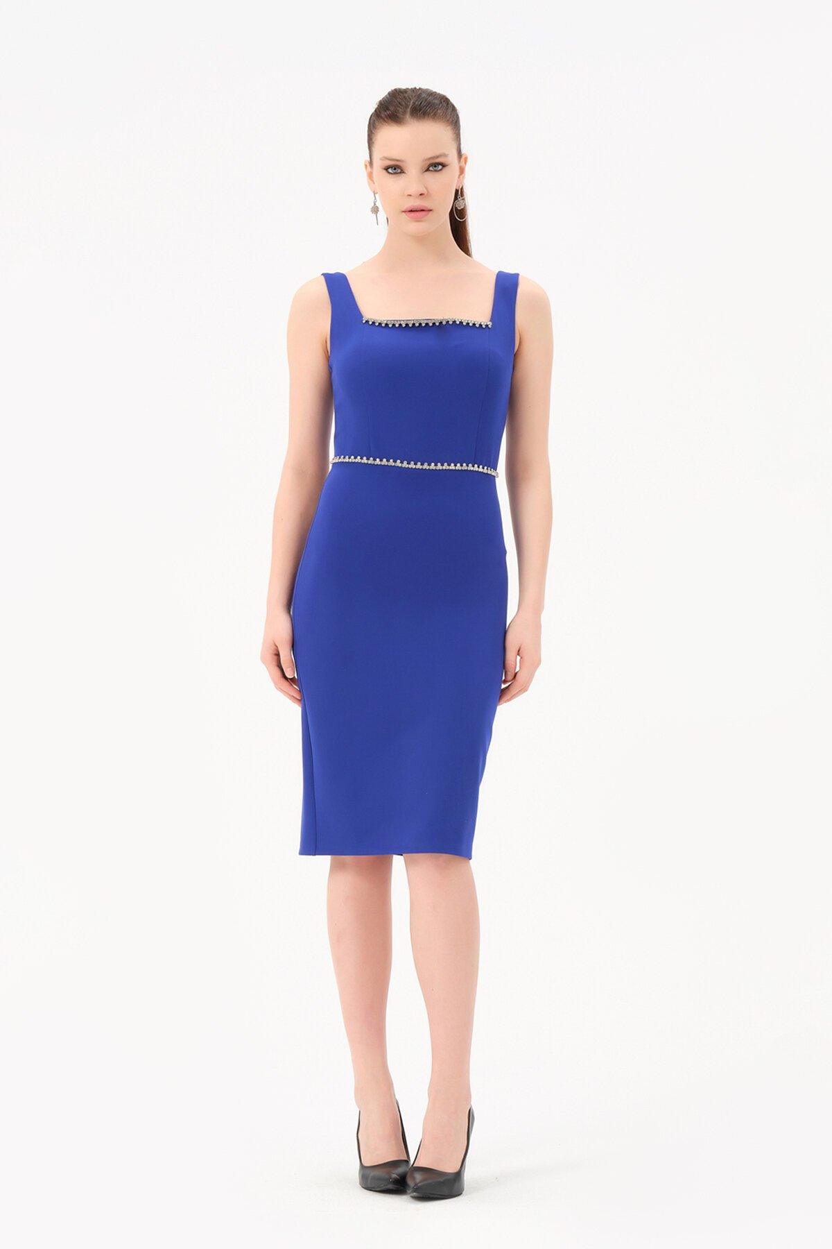 Taş Detaylı Kare Yaka Midi Elbise - 1607