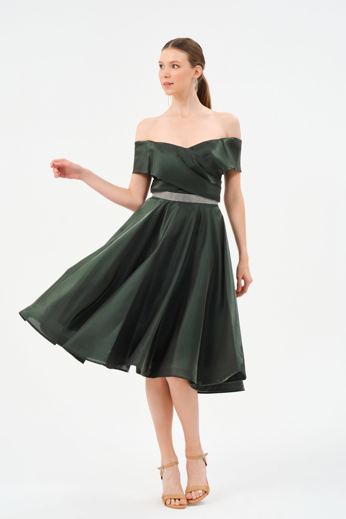 Taş Detaylı Kayık Yaka Midi Elbise - 1464