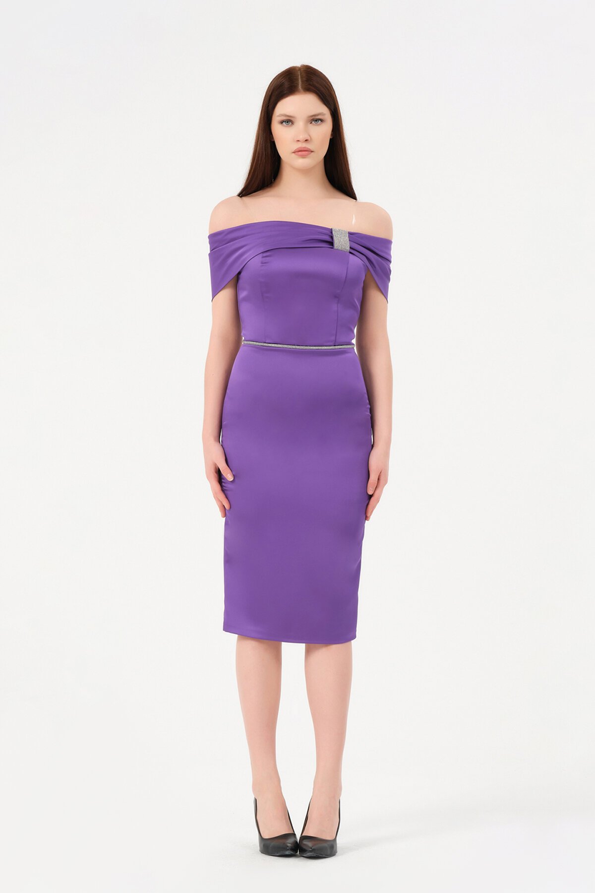 Taş Detaylı Kayık Yaka Midi Elbise - 1522