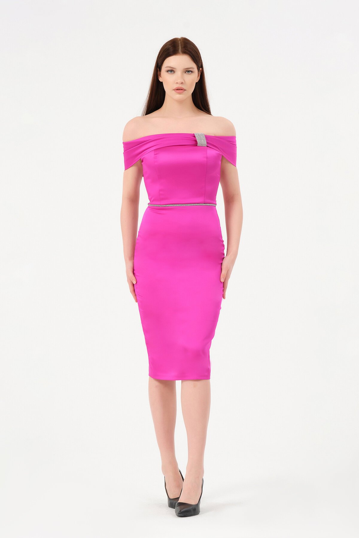 Taş Detaylı Kayık Yaka Midi Elbise - 1522