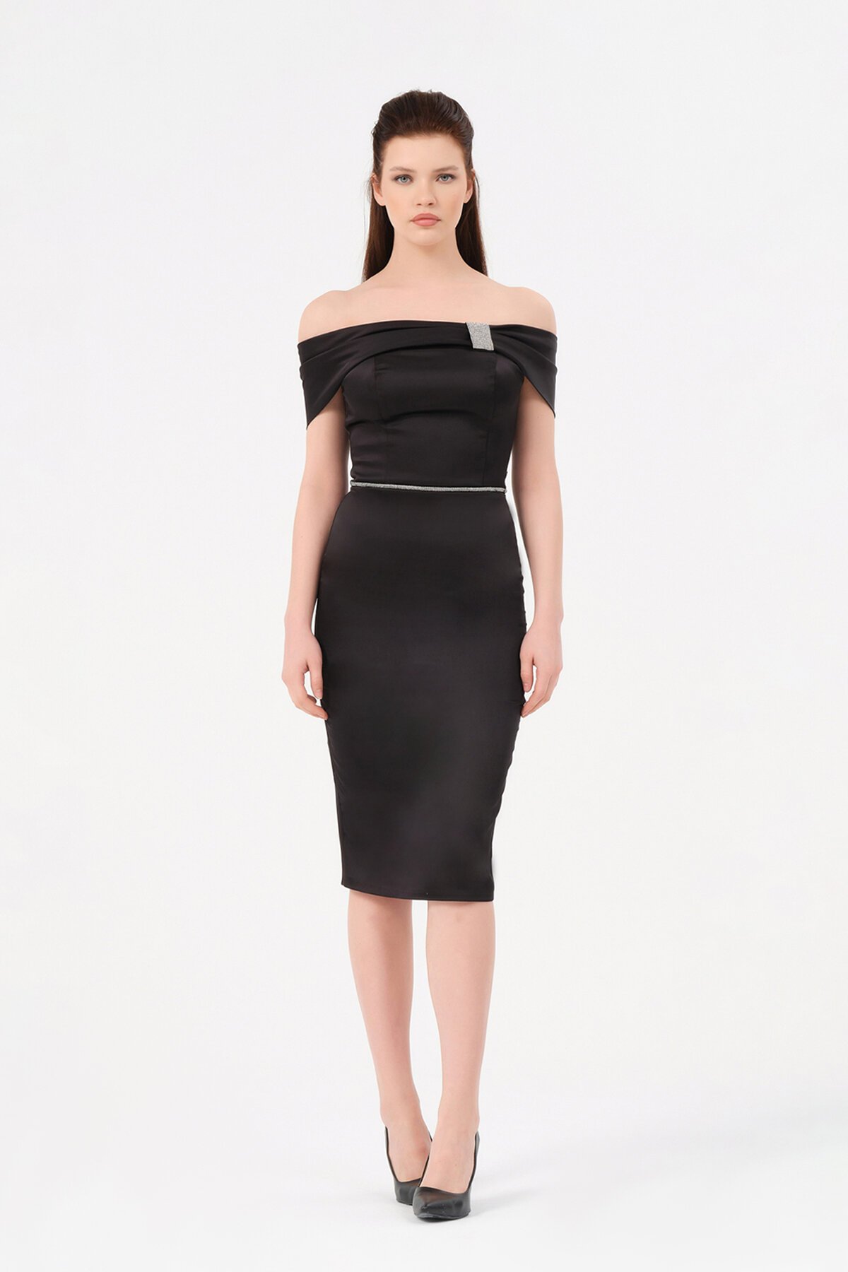 Taş Detaylı Kayık Yaka Midi Elbise - 1522