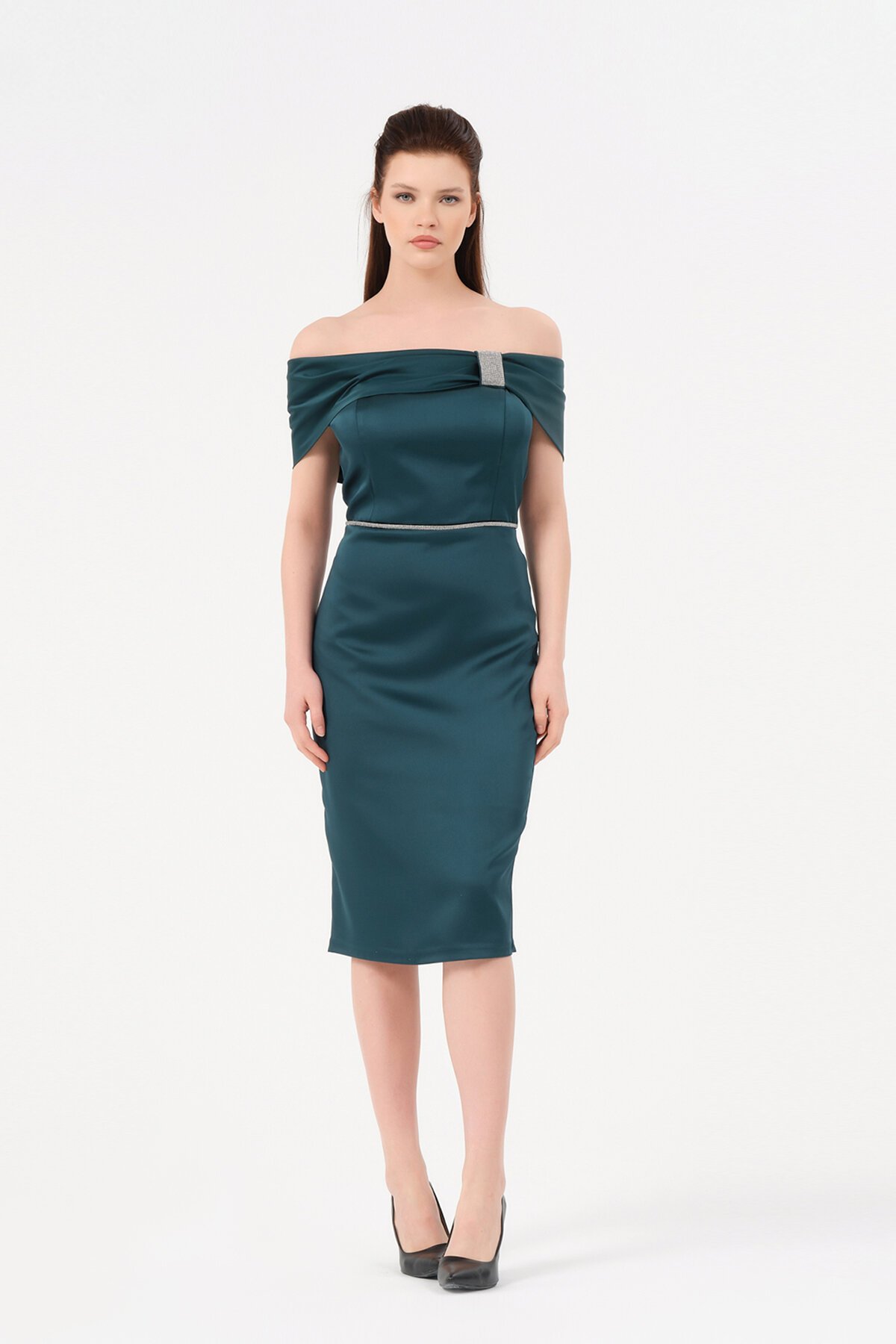 Taş Detaylı Kayık Yaka Midi Elbise - 1522