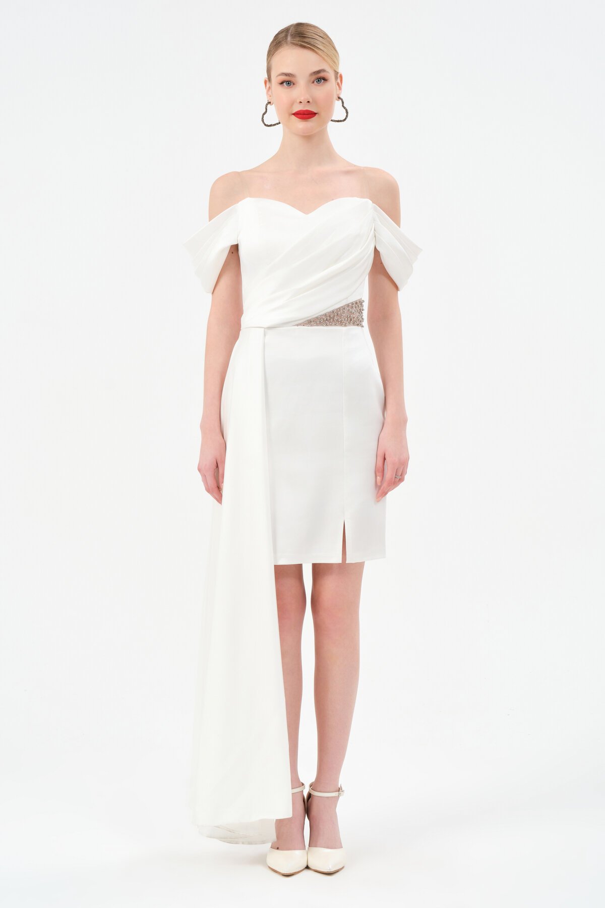 Taş Detaylı Kayık Yaka Mini Elbise - 1498