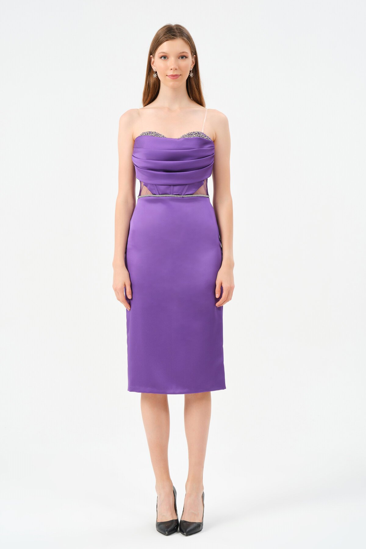 Taş Detaylı Straplez Midi Elbise - 1494