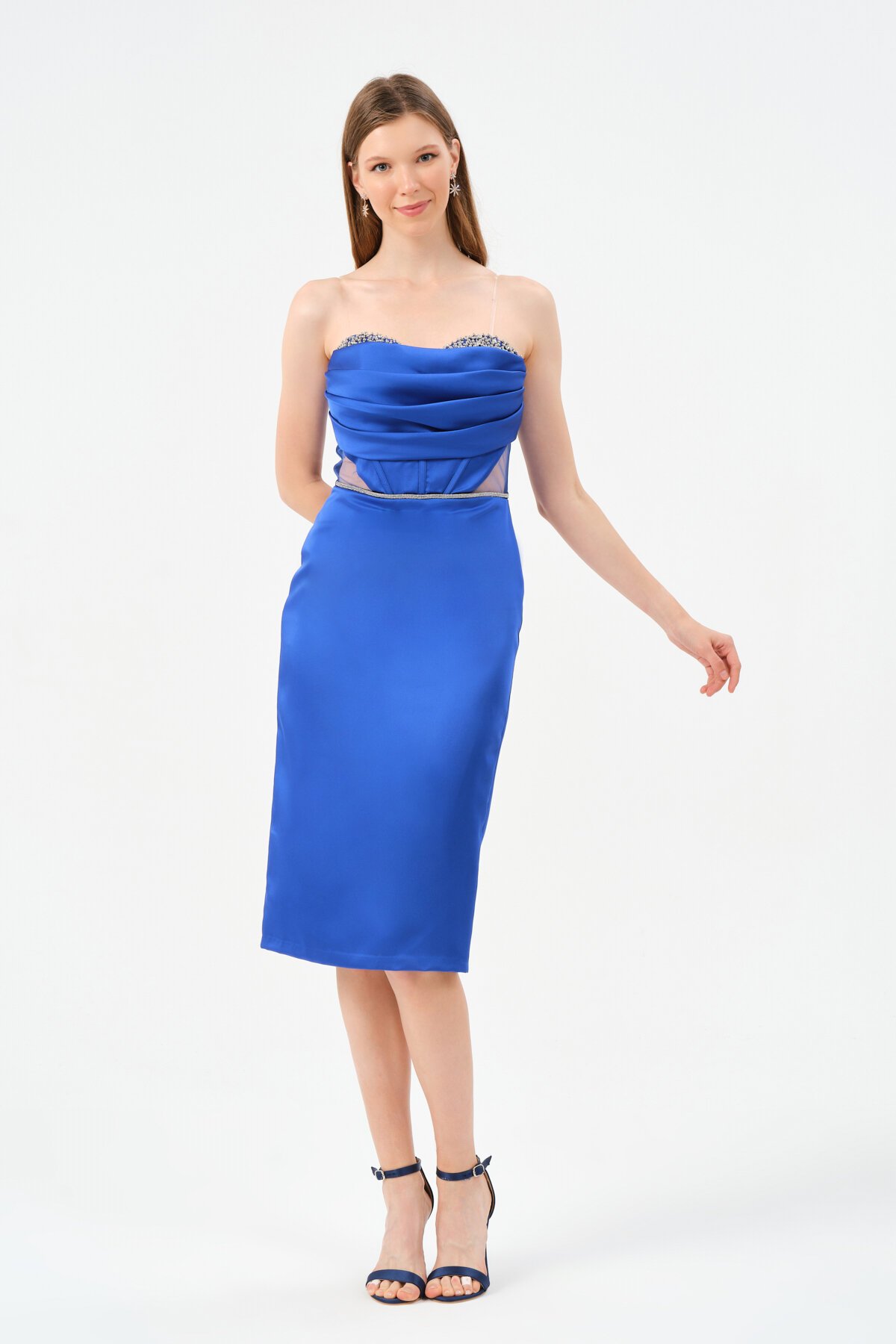 Taş Detaylı Straplez Midi Elbise - 1494