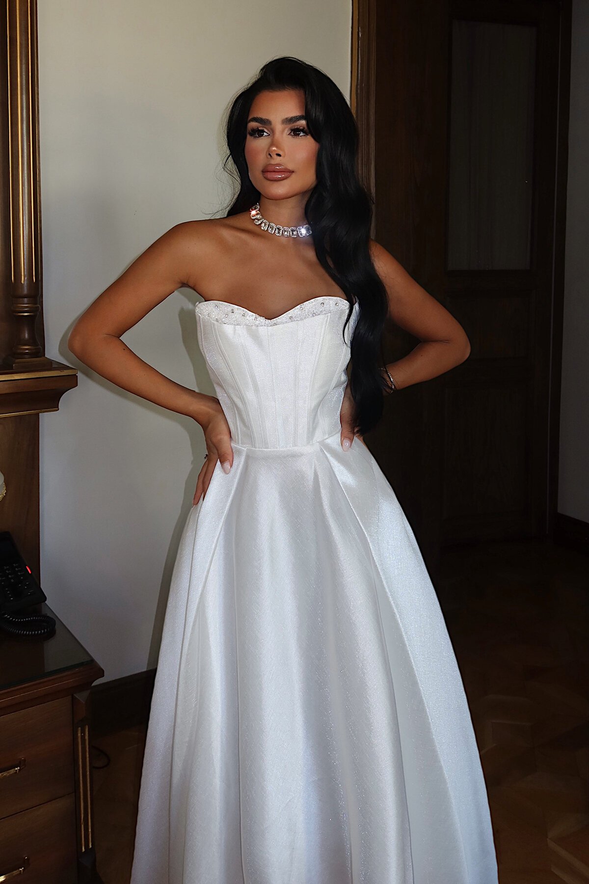 Taş Detaylı Straplez Midi Elbise - 1904