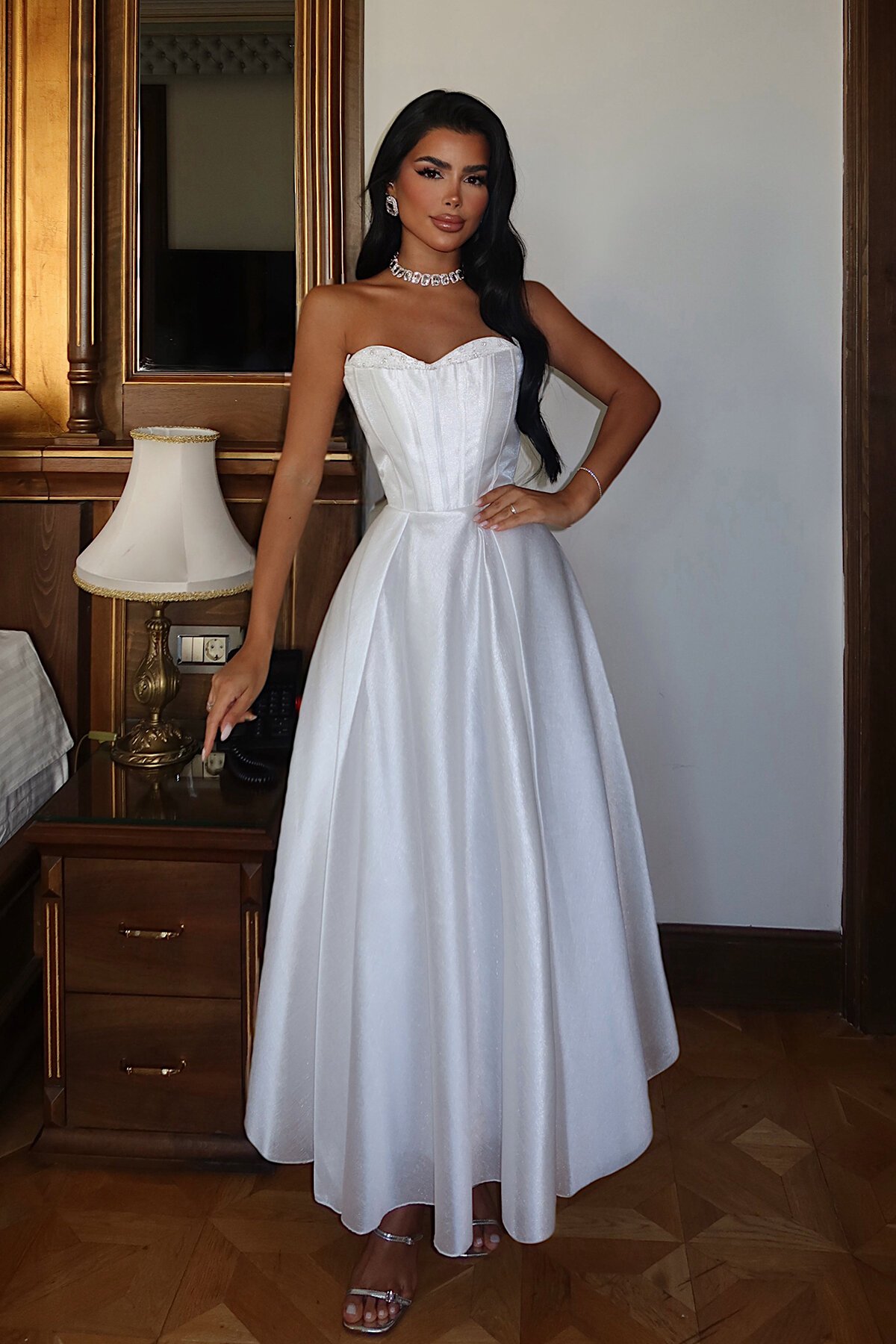 Taş Detaylı Straplez Midi Elbise - 1904