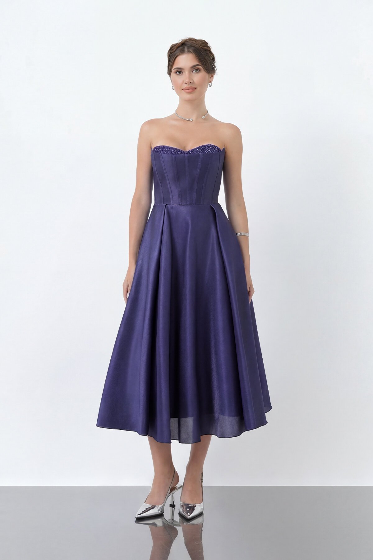 Taş Detaylı Straplez Midi Elbise - 1904