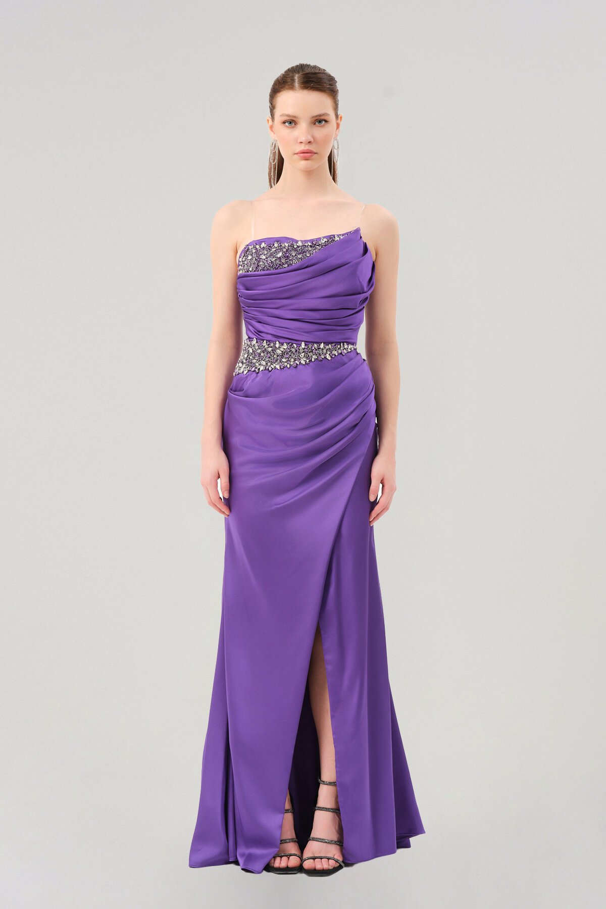 Taş Detaylı Straplez Yırtmaçlı Elbise - 1541