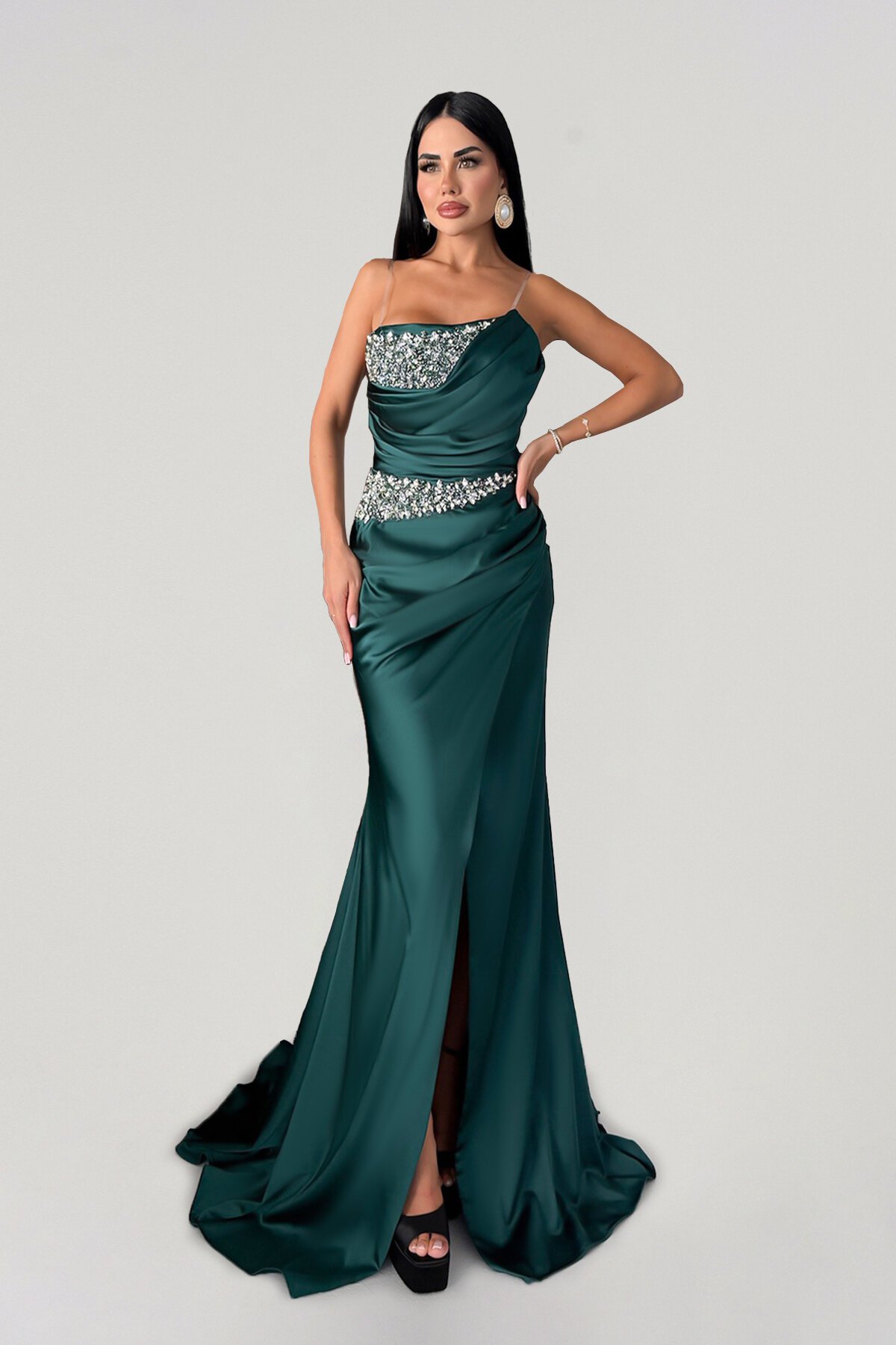 Taş Detaylı Straplez Yırtmaçlı Elbise - 1541