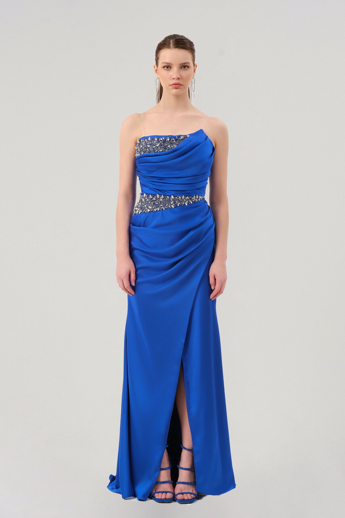 Taş Detaylı Straplez Yırtmaçlı Elbise - 1541