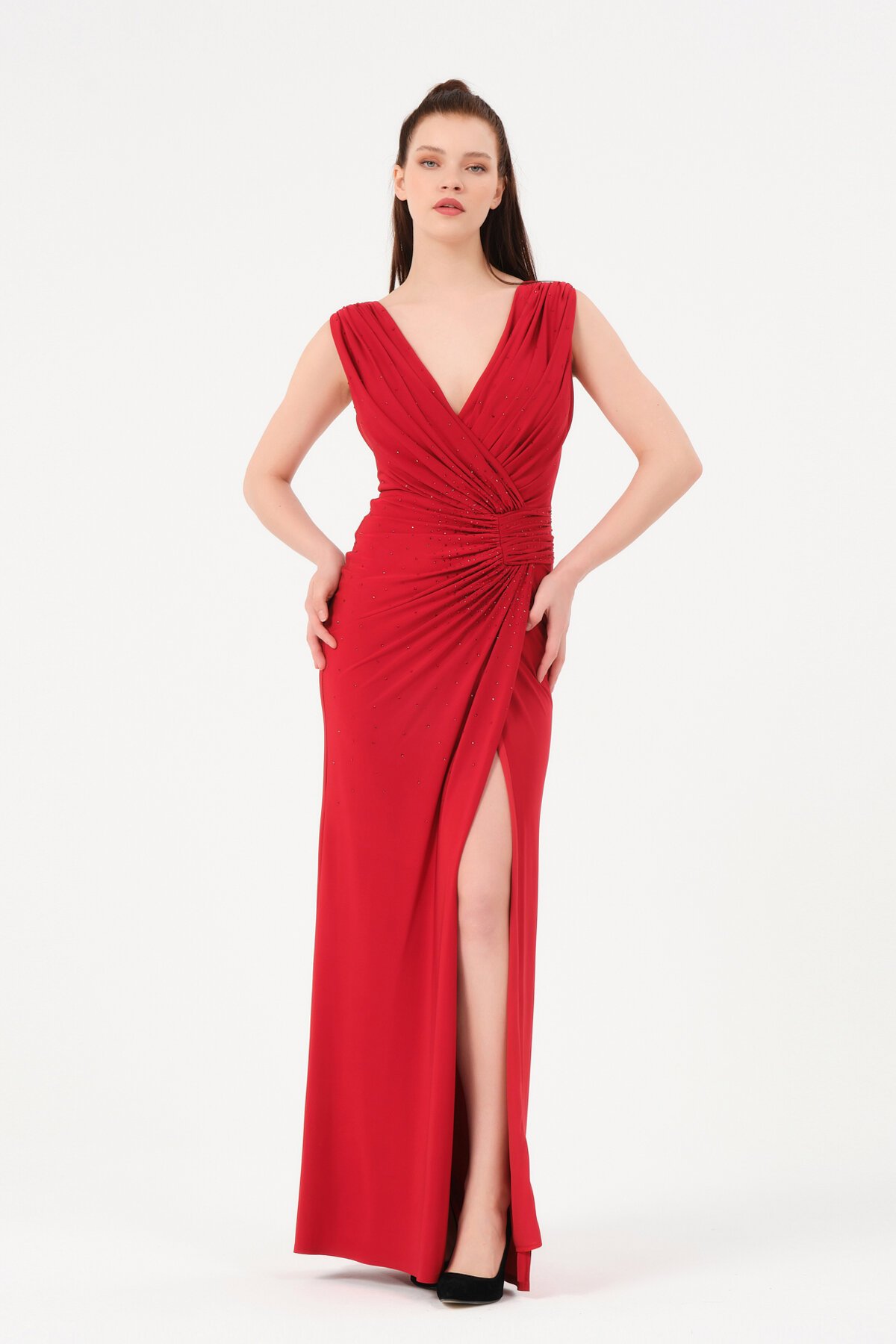 Taş İşlemeli Drapeli Elbise - 1581